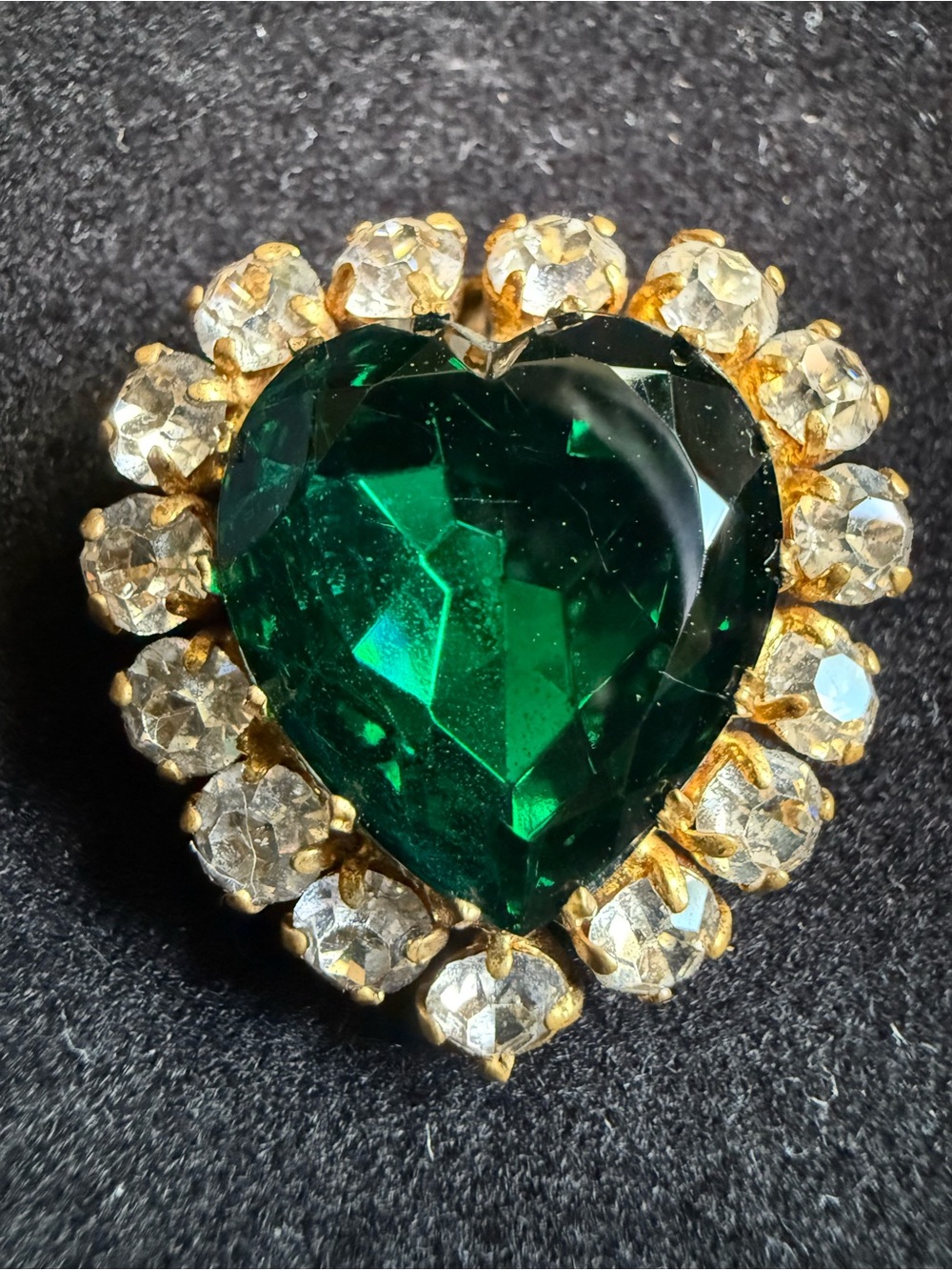 West Germany Heart Brooch Emerald-green Glass